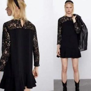 Zara Lace Long Sleeve Black Mini Dress, Ruffled Bottom, Size M